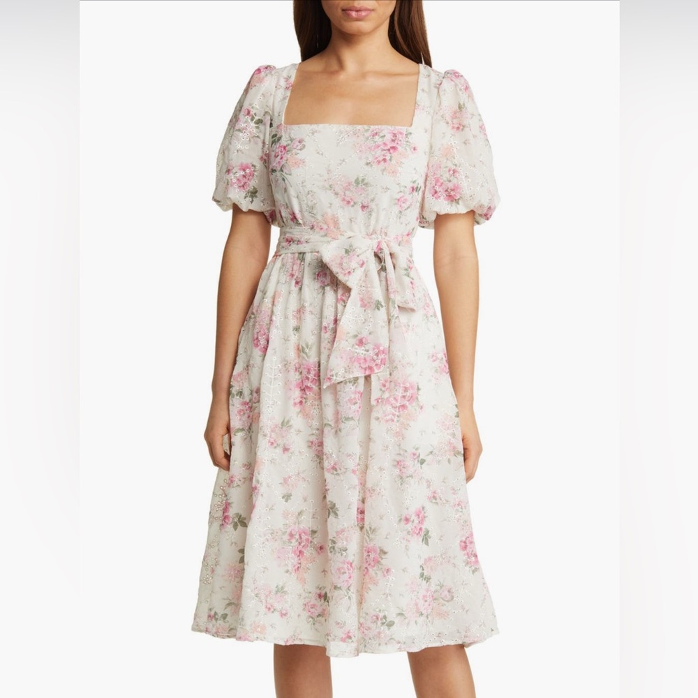 Eliza J Floral Eyelet Puff Sleeve Midi Dress [WORN ONCE] Victorian Style